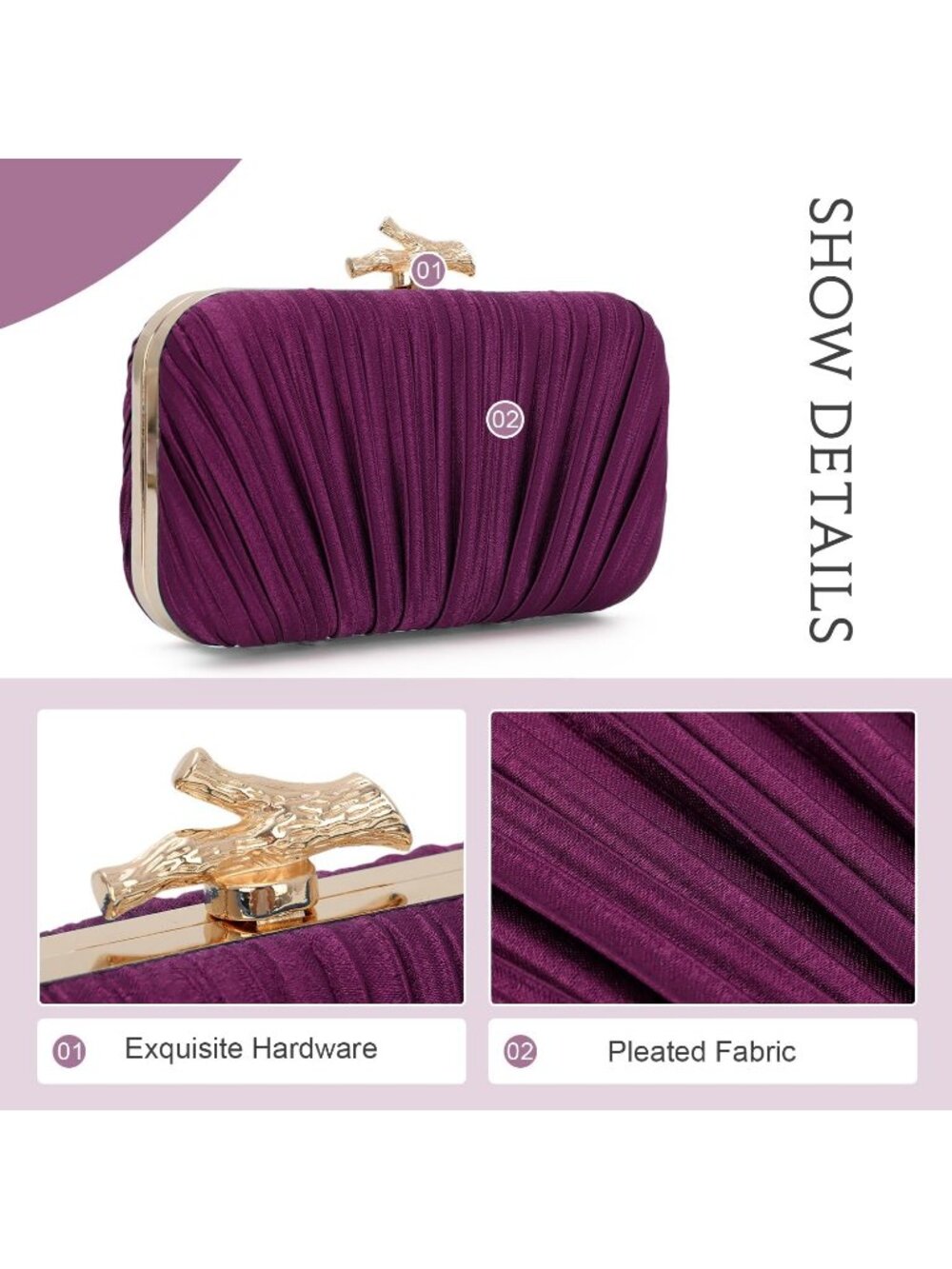 Women Dark Purple Pleated Clutch Purse For With Chain Wedding Party Evening Bag - Picture 3 of 6